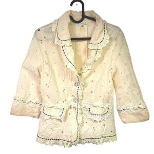 Lucy Paris Cream 100%‎ Cotton Eyelet Lace Trimmed Blazer